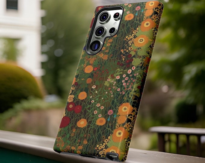 Klimt Inspired Flower Tough Case, Artistic Botanical iPhone Cover, Nature Aesthetic Dual Layer Protector, Gift for Art Lovers, Floral Phone