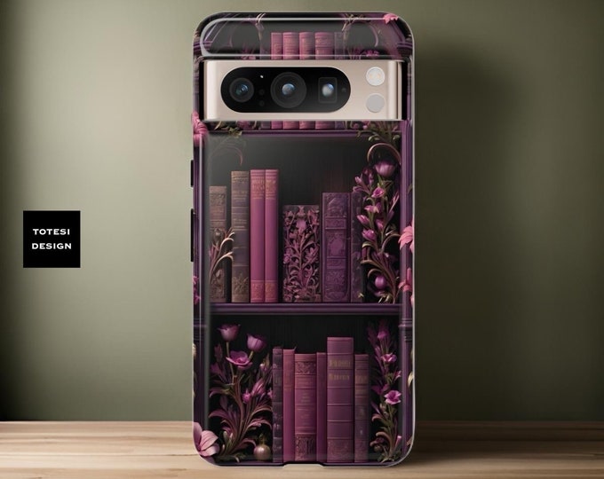 Goth dark academia books floral purple Google Pixel tough phone cases 9 8 7 6 5 Pro sturdy dual layer | glossy matte