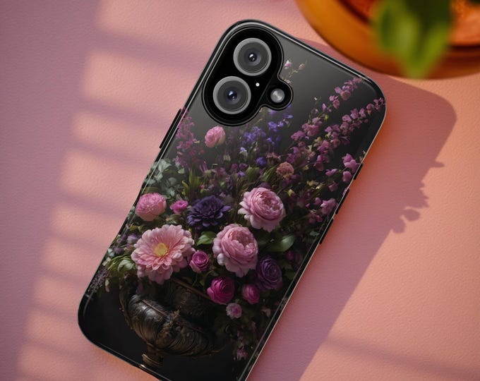 Dark floral academia iPhone Samsung dual layer tough phone case 16 15 14 14 12 11 Pro Max Plus Mini vintage flower art S25 S24 Glossy Matte
