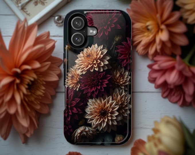 Crimson Dahlia Bouquet iPhone Case MagSafe Tough Dark Floral Academia Design