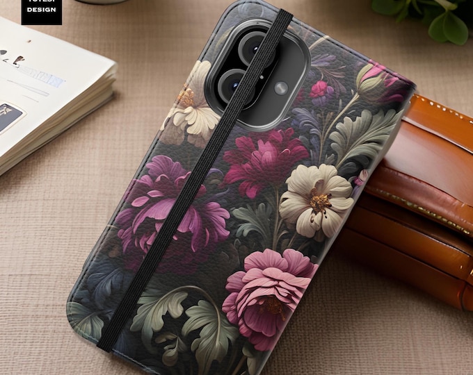 Folio Wallet Phone Case, Dark Moody Floral Art, Stand & Cardholder, iPhone 16 15 14 13 12 Pro Max Plus, Faux Leather, Flip Cover, Unique