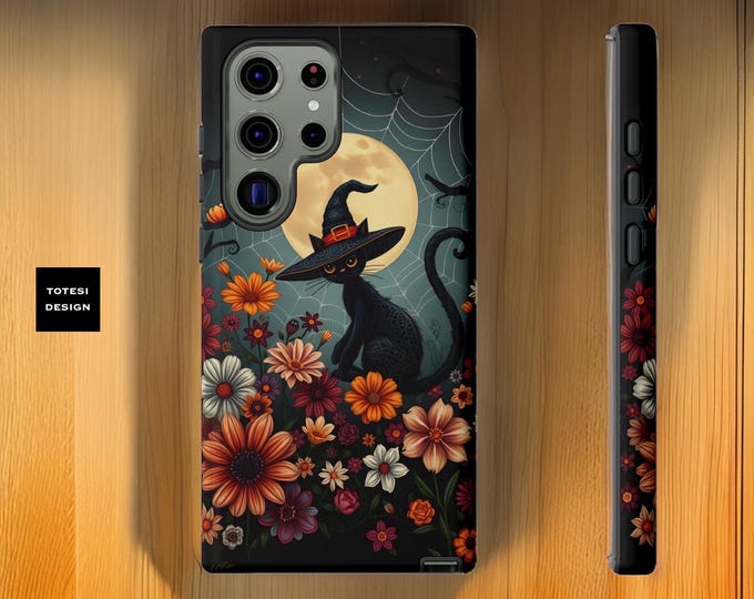 Cute Whimsical Halloween Samsung Galaxy Tough Phone Case  - S24 S23 S22 S21 Plus Ultra Floral Goth Cat Witch Matte Glossy Gift for daughter
