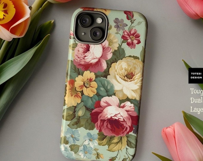Vintage pastel floral botanical art tough iphone Samsung Google cases| iPhone 16 15 14 13 12 11 Pro Max, Pro, Plus| S24 S23 Glossy Matte