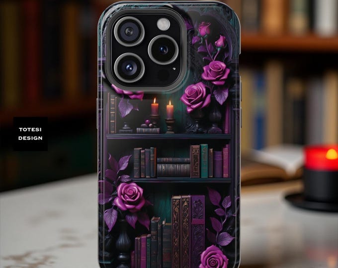 Floral Gothic iPhone Case, Dark Academia MagSafe Cover, bookshelf, roses books, bookworm book lover back to school graduation gift