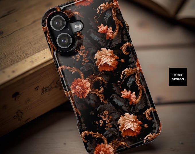 Halloween flowers MagSafe Gothic Victorian Moody Floral Tough Case, Vintage Black Orange iPhone Cover, Halloween Gift, Dark