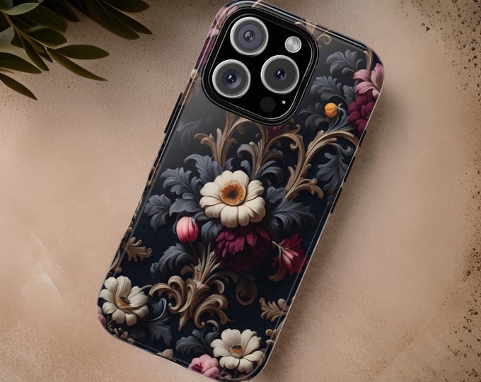 Phone cases Samsung iPhone .Dark floral gothic rococo, Samsung S25 S24 S23 S22 Ultra Plus iPhone 16 15 14 13 12 Pro Max  |Glossy Matte