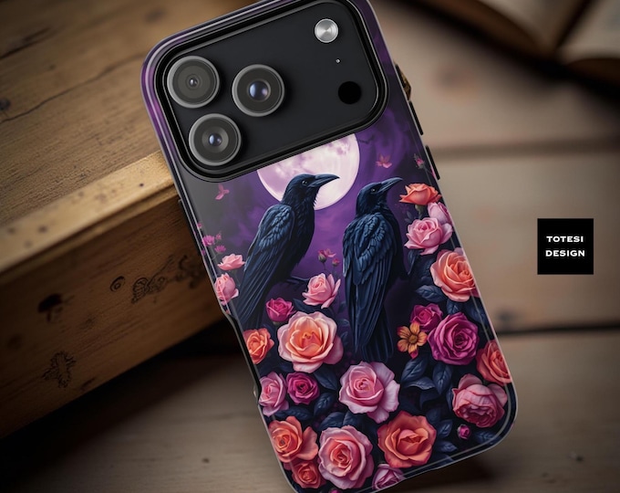 Floral Goth Raven Moon Halloween Phone Case: Durable Dual Layer