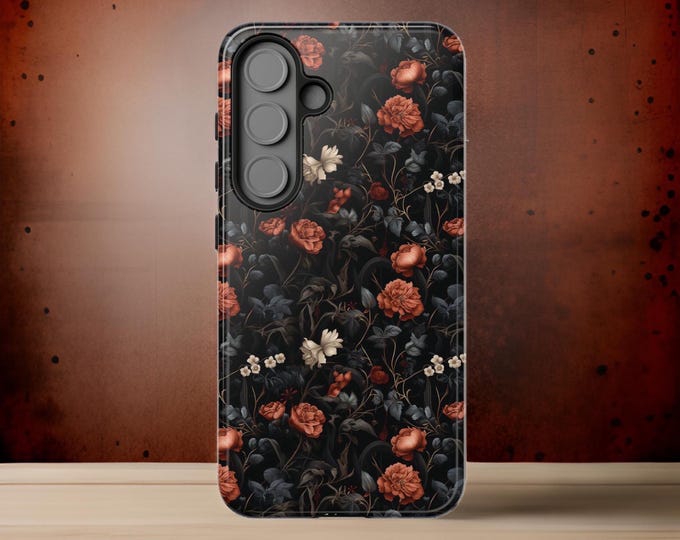 Black Dark Academia Gothic Floral Samsung Galaxy S21 S22 S23 S14 S25+ Plus Ultra iPhone cases |ornamental swirly leaves roses |Glossy Matte