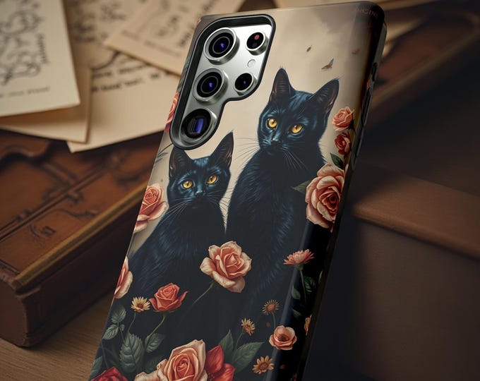 Black Cat Floral Phone Case: Vintage Dark Academia Style