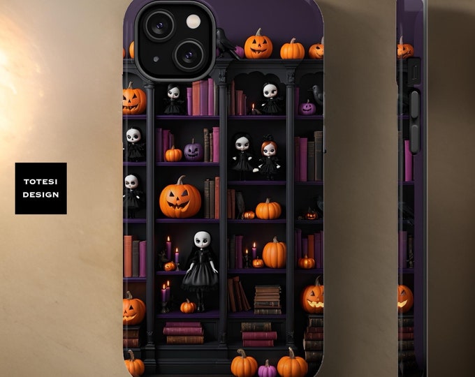 MagSafe Gothic Dolls Books Bookcase Pumpkins Halloween Fall aesthetic iPhone case Tough case - 13 14 15 Pro Max Plus Mini Glossy  Matte