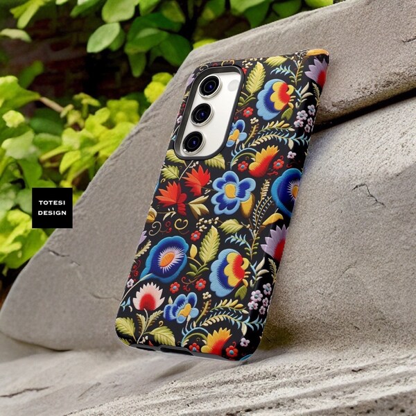 Cute folk art floral dark bohemian embroidery pattern | Samsung tough case S23, S22, S21 Plus Ultra | Glossy or Matte