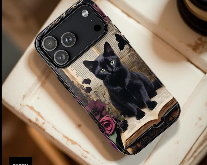 Gothic Black Cat  Case: Floral Dark Academia Vintage Style