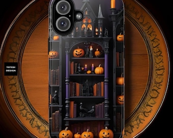 Goth Halloween pumpkins Spooky Bookcase Pumpkins Fall  iPhone Cases Tough 16 15 14 13 12 11, Samsung Galaxy S25 S24 S23 S22 Glossy or Matte