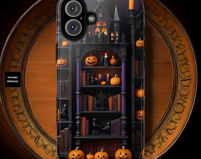iPhone 16 Dark Academia Halloween Gothic Bookcase Pumpkins Fall  iPhone Cases Tough Sturdy 15 14 13 12 11 Pro Max Mini   Glossy or Matte