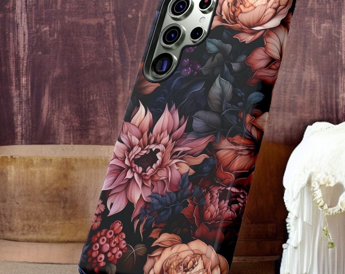 Dark Pink Floral Academia, Samsung Galaxy Tough Case S25 S24 S23 S22 S21 Plus Ultra| iPhone 11 12 13 14 15 16 Glossy or Matte