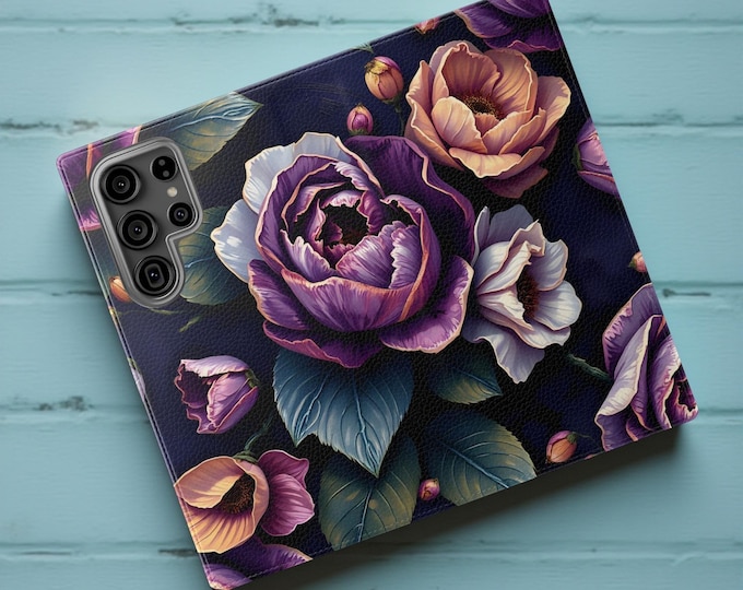 Dark Floral Wallet Phone Case | Vegan Leather Cardholder Stand