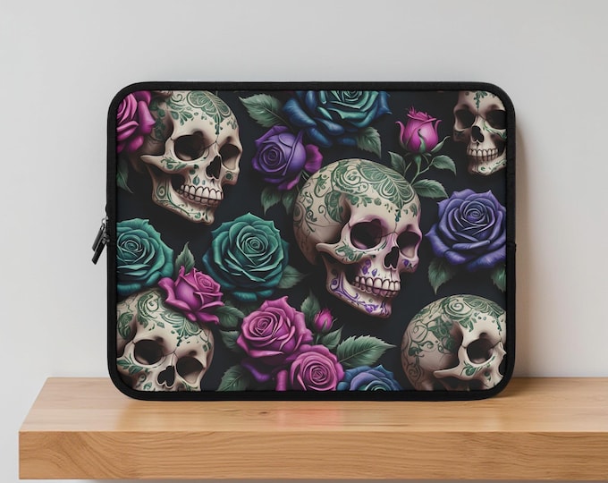 Gothic Skulls Roses Laptop Sleeve Case for Students, MacBook Cover, iPad Kindle Holder, Unique Art Gothic Sleeve, Skulls and Roses Student