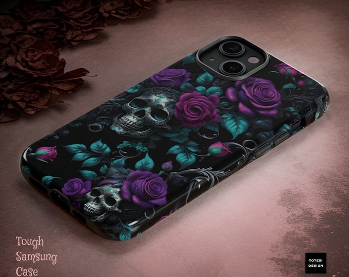 Victorian Gothic Black Purple Roses Skulls iPhone tough case 15 14 13 12 11 Plus Pro Max Mini |Glossy Matte