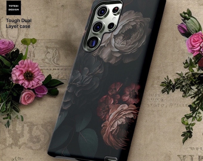Dark Floral Academia, Samsung Galaxy Tough Case S25 S24 S23 S22 S21 Ultra Plus| ornamental Victorian Gothic Black | Glossy Matte
