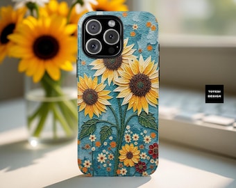 Phone Case, Sunflower Art Print, Whimsy Aesthetic, Cute Floral Cover, Samsung Galaxy S25 S24 S23 iPhone 16-11, Spring Tech Accessory