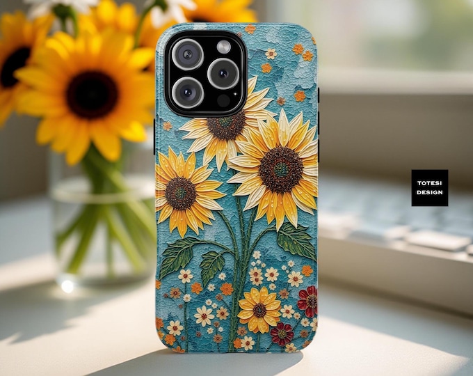 Phone Case, Sunflower Art Print, Whimsy Aesthetic, Cute Floral Cover, Samsung Galaxy S25 S24 S23 iPhone 16-11, Spring Tech Accessory