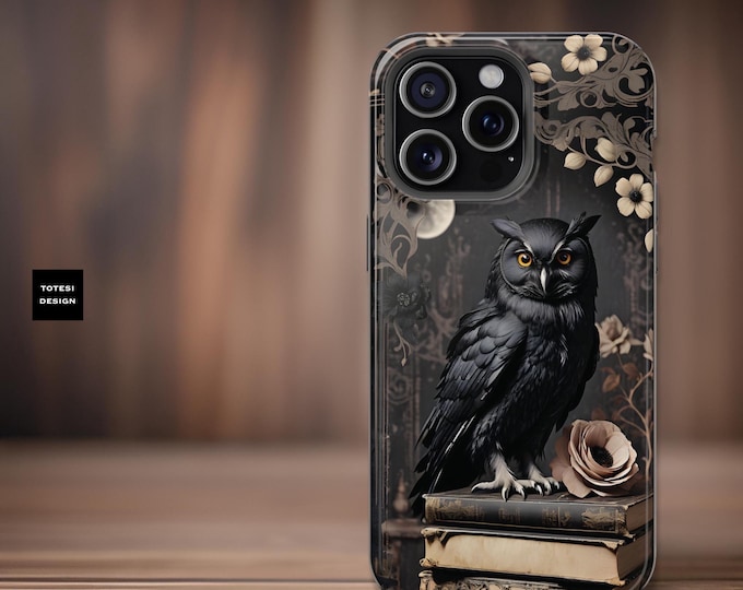 Gothic Owl Dark Academia iPhone Case, MagSafe Magnetic, Forest Moon Nature, Tough Case, Pro Max Plus, 16 15 14 13 Owl Lover Art Gift