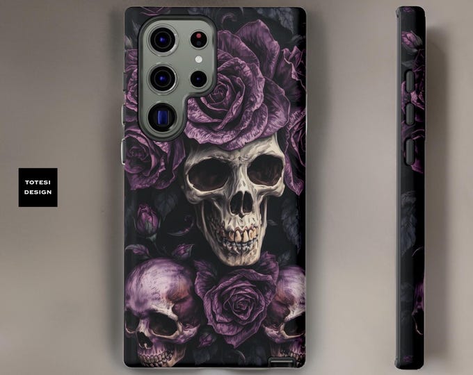Gothic Skulls Purple Roses Tough Phone Case, iPhone Samsung Google Pixel, Gift for Daughter