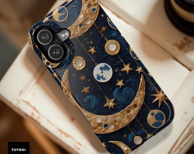 Celestial Moon Stars Magnetic Phone Case – Blue Gold Night Sky Design