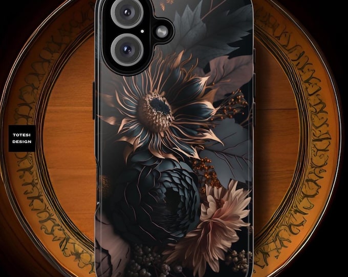 Black Dark Moody Floral Academia Gothic Samsung Galaxy Tough Case S25 S24 S23 S22 S21 Plus Ultra iPhone 16 15 14 Pro Max | Glossy or Matte