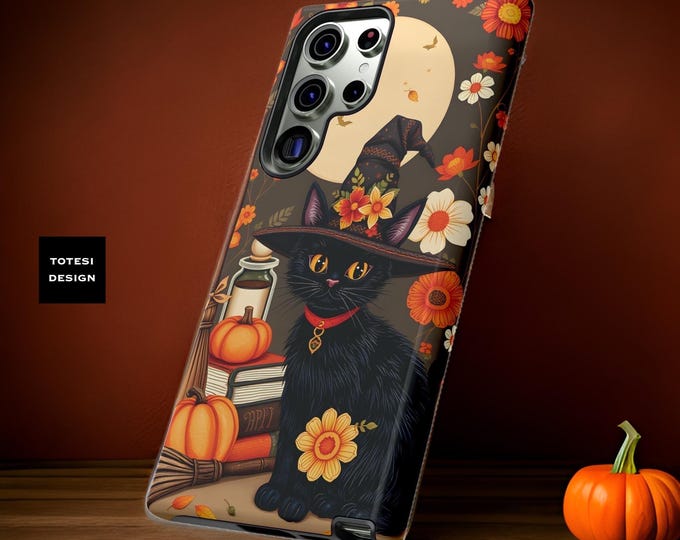 Cute black witchy fall cat art phone case | iPhone 16 15 14 13 12 Pro Max Plus Google Pixel 8 7 6 5  Samsung Galaxy S24 S23 S22 Halloween