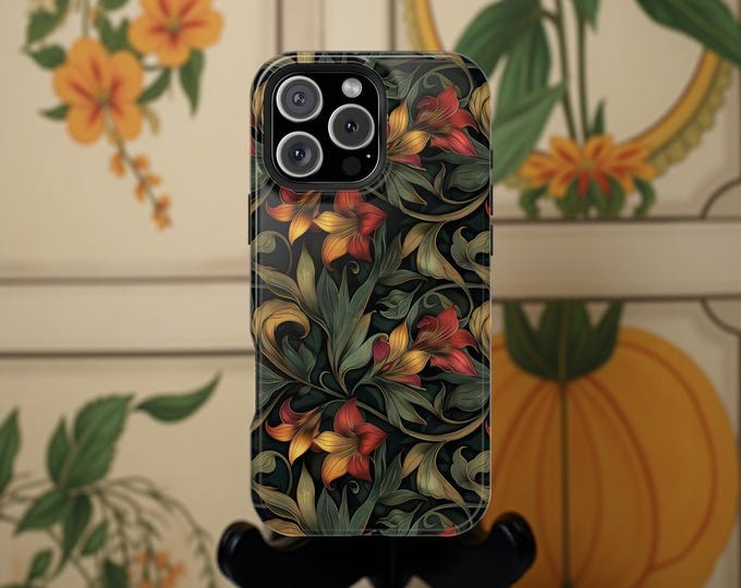 Phone Case, Botanical Green Vintage Art Deco Floral Design, MagSafe Tough Cover, Impact-Resistant