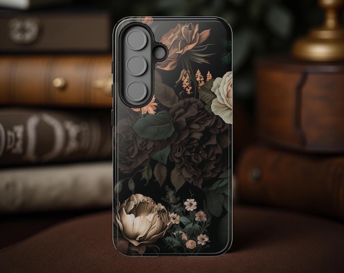 Brown Dark Floral Academia phone cases| iPhone 16 15 14 13 12 11 Pro Max Plus Tough Case | Chic Winter Moody Flowers
