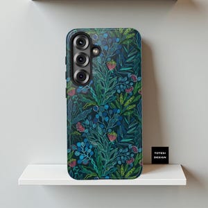 Samsung Galaxy S25 S24 S23 S22 Plus Ultra Tough Dual Layer cases -  Dark blue botanical, leaves floral | iPhone Covers| Glossy or Matte