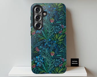 Samsung Galaxy S25 S24 S23 S22 Plus Ultra Tough Dual Layer cases -  Dark blue botanical, leaves floral | iPhone Covers| Glossy or Matte