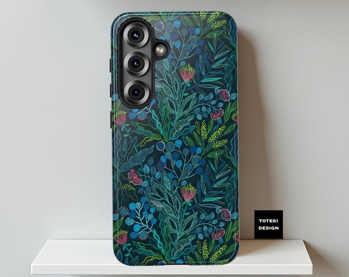 Samsung Galaxy S25 S24 S23 S22 Plus Ultra Tough Dual Layer cases -  Dark blue botanical, leaves floral | iPhone Covers| Glossy or Matte