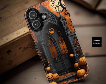 Spooky Halloween Gothic Gate Pumpkins iPhone Tough Dual layer case 17 16 15 14 13 12 , Samsung S25 S24 S23