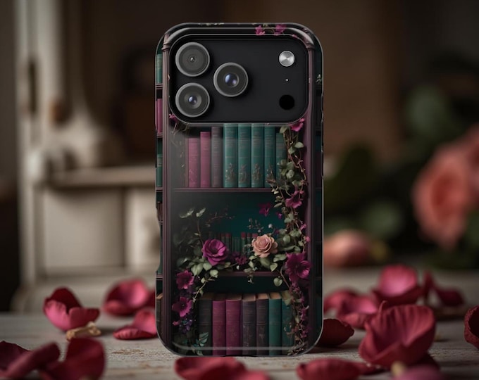 Dark Academia Floral Bookshelf iPhone Case – Magnetic Tough Cover