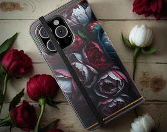 Goth Dark Moody Peony Floral Phone Cover Faux Leather Cardholder Stand