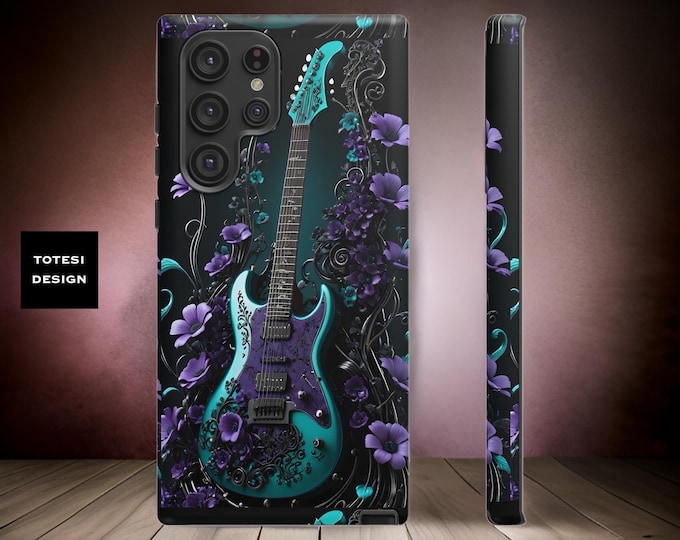 Gothic Dark Floral Academia Purple Turquoise Flowers Electric Guitar Music Samsung Galaxy Tough Case S25 24 23 22 21 20 Plus Ultra music