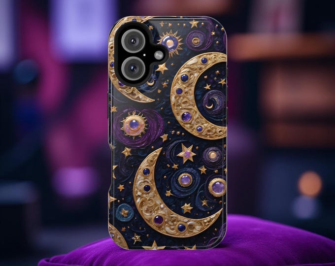 Purple Celestial Fantasy Moon Crescents iPhone MagSafe Magnetic Sturdy Phone Cover Case, 16 15 14 13 Pro Max Plus, Tough Case Celestial