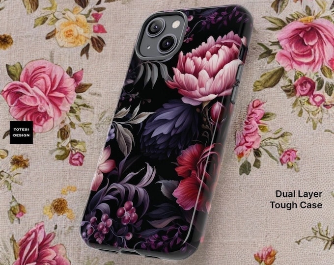 Dark Purple Pink Floral Academia, iPhone Tough Case 15 14 13 12 Pro Max Plus | ornamental Victorian Gothic floral,Glossy or Matte