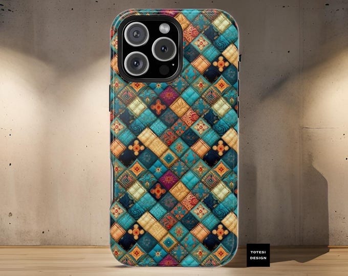 Magsafe comp. Patchwork Quilt effect boho aesthetic Magnetic iPhone 13 14 15 16 Pro Max Plus Mini | Dual layer|Glossy Matte