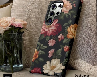 Dark Floral Tough Phone Case: Vintage Art, Dual Layer