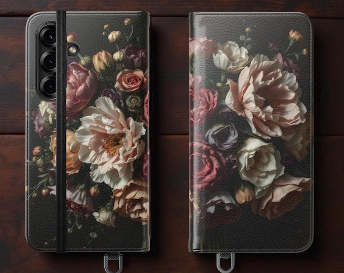 Wallet phone case, Dark Moody Floral Bouquet, iPhone 16 15 14 13 Pro Max Plus, S25 S24 S23 S22 Plus Ultra, Dark Romance