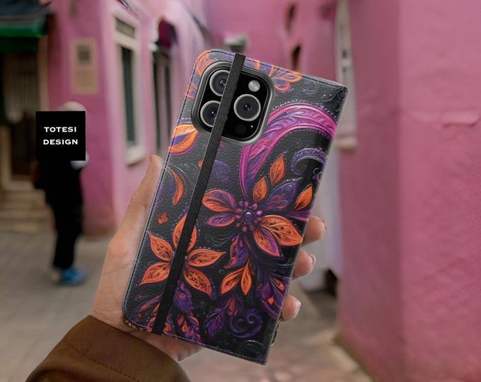 Artsy Boho Floral Unique Folio Wallet Phone Case, Stand & Cardholder, iPhone 16 15 14 13 12 Pro Max Plus, Screen protection
