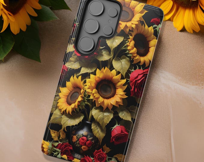 Phone Case Sunflowers Red Roses, Tough Cases for iPhone Samsung S25 S24 S23, Floral Tough Phone Cover,  iPhone 16 15 14 13 pro max plus