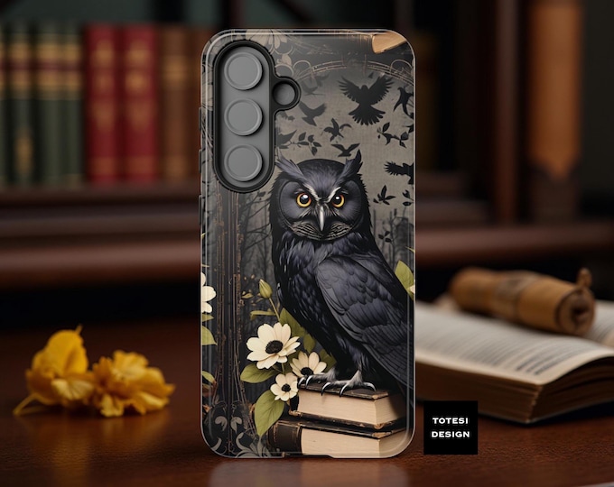 Books Goth Owl dark academia iPhone Samsung Galaxy S25 S24 phone cases S24 S23 S22  16 15 14 13 12 11  | glossy matte | book owl lover gift