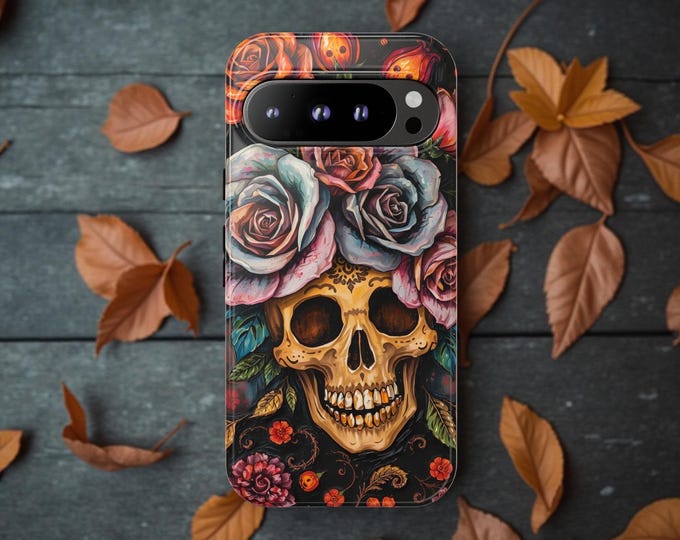 Tough Cases, Halloween Skulls Gothic Flowers, Daughter Gift, Dual Layer Phone Cover