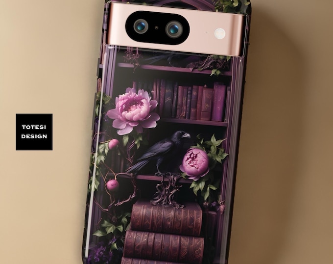 Ravens bookcase Gothic Purple Floral Google Pixel Tough phone cases | dark academia  glossy matte | 9 8 7 6 5 Pro XL | book goth lover gift