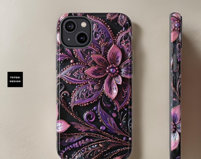 Boho purple floral tough phone case Samsung S24 S23 S22  iPhone 16 15 14 13 12 11 Pro Max  Plus Ultra |Hippie Henna |Glossy or Matte